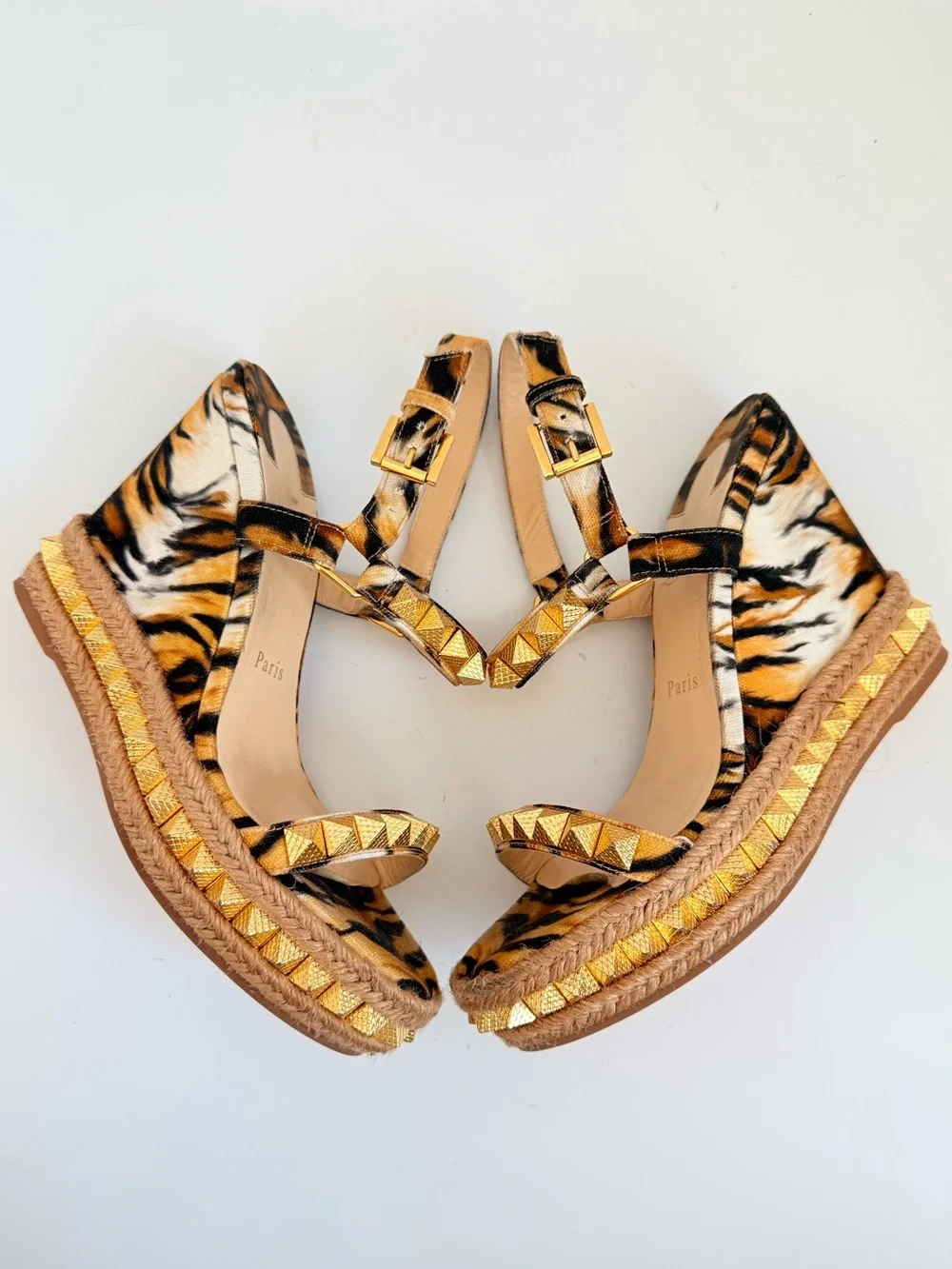 Christian Louboutin Pyraclou 110 Tivoli Gold Stud Espadrille Wedge Sandals 38